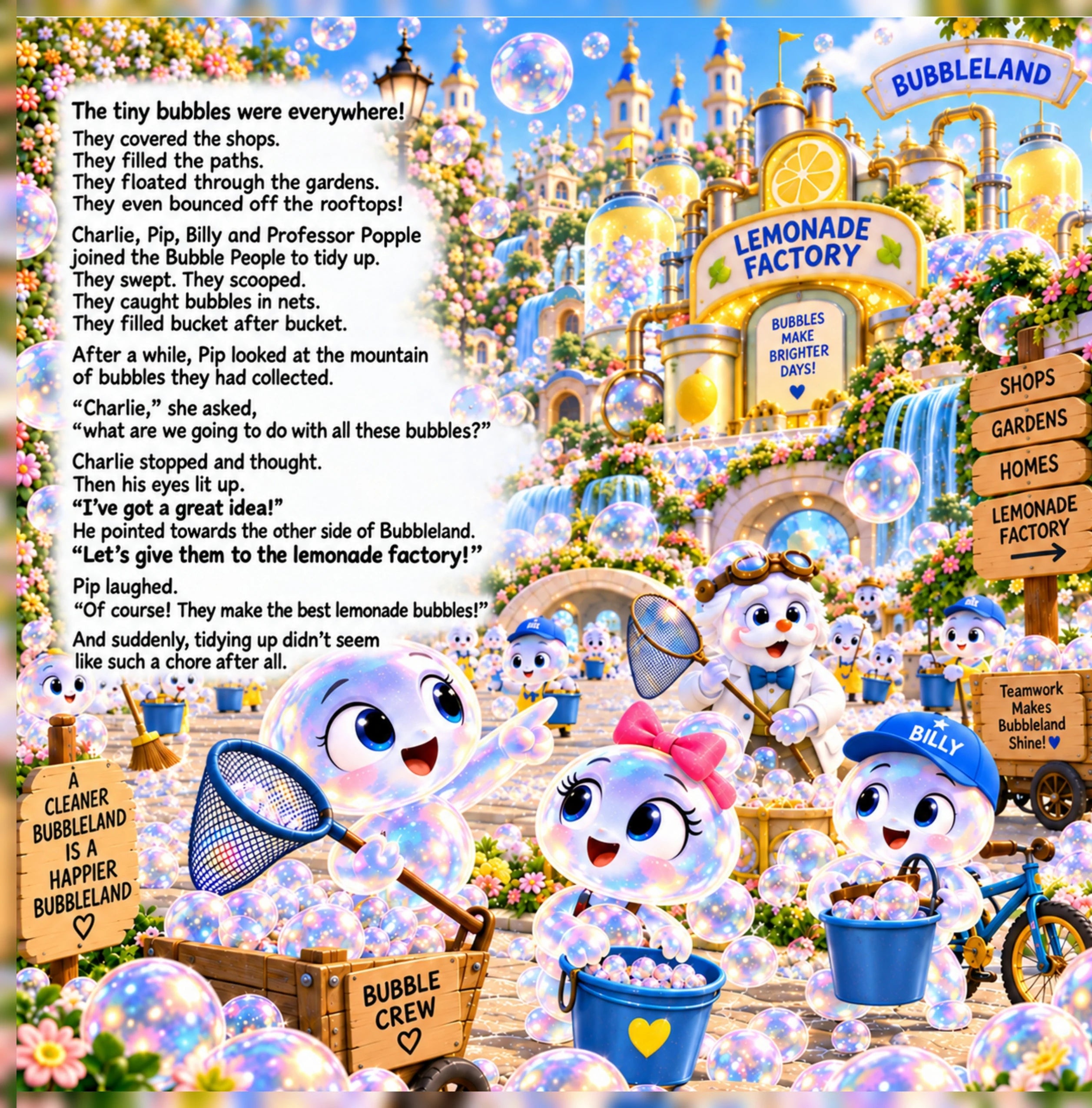 Interior page showing Bubbleland characters and lemonade adventure
