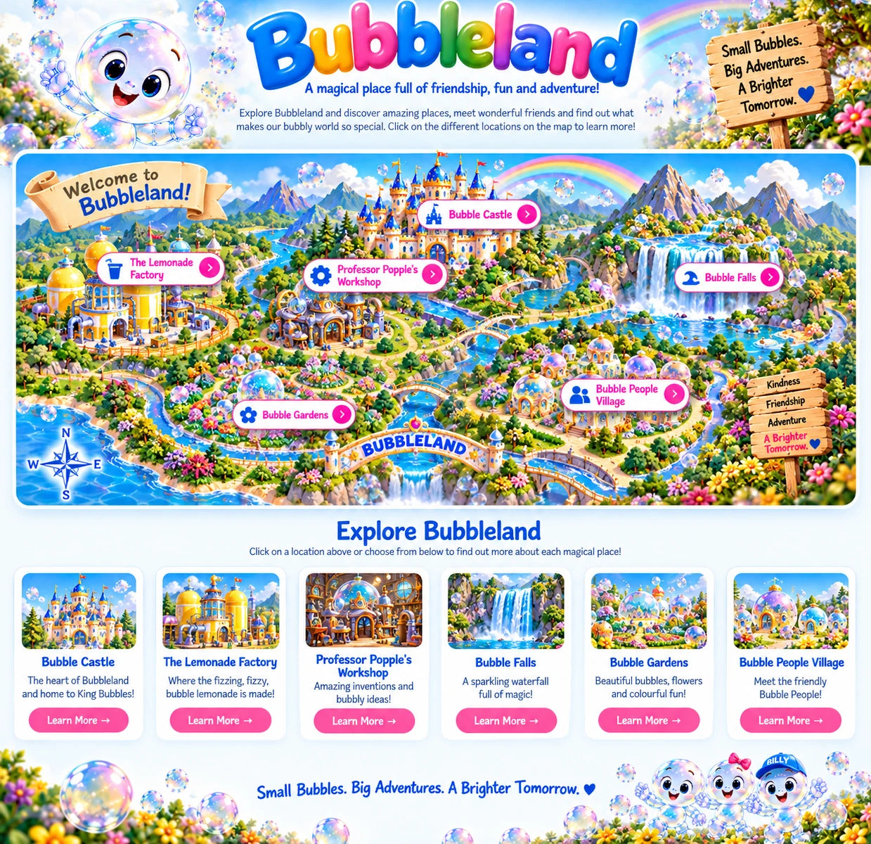 Bubbleland page design showing Bubbleland map and six places to explore